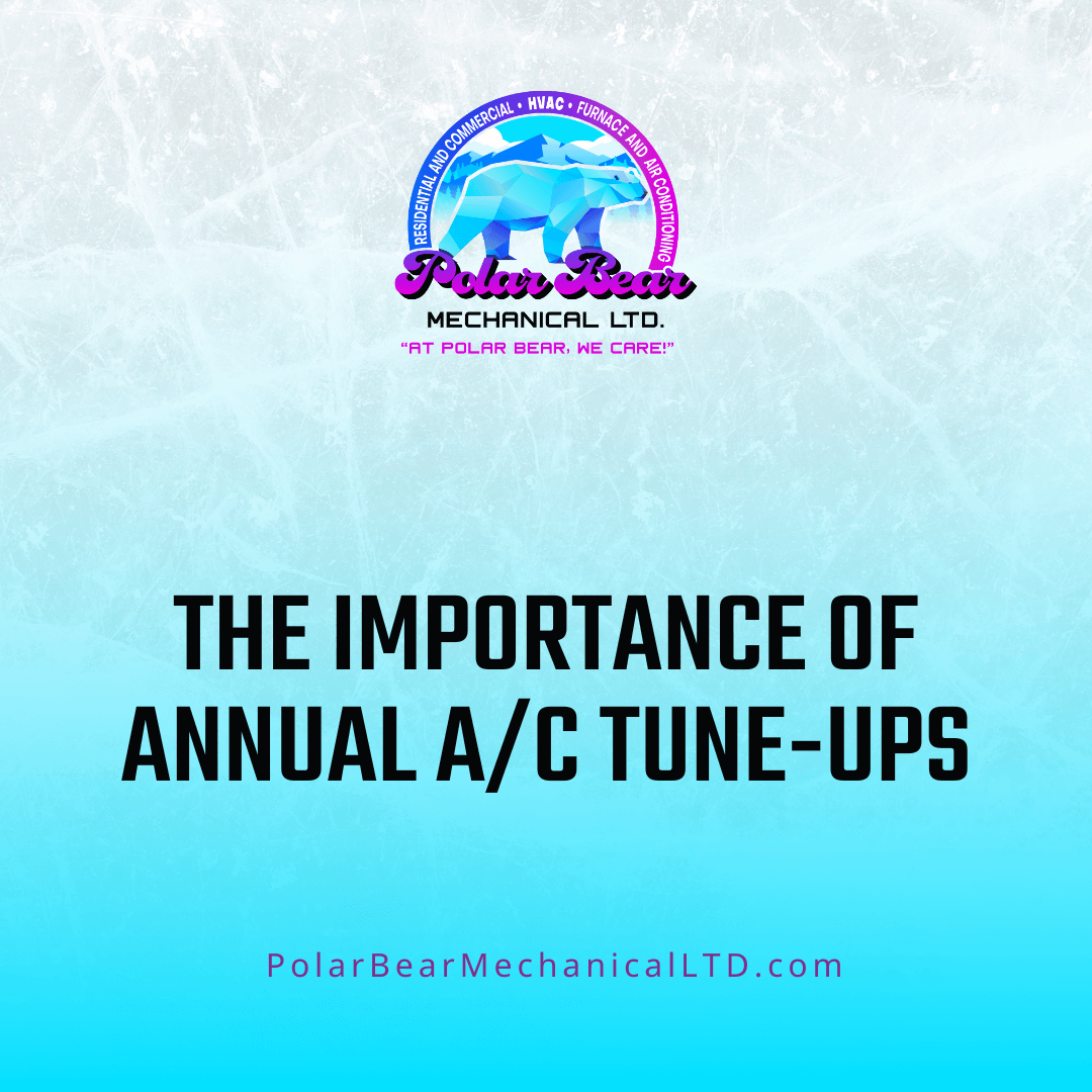 The graphic features an icy background with a blue and white overlay. In the center of the graphic is the title of the corresponding blog, which reads, "The Importance of Annual A/C Tune-Ups".