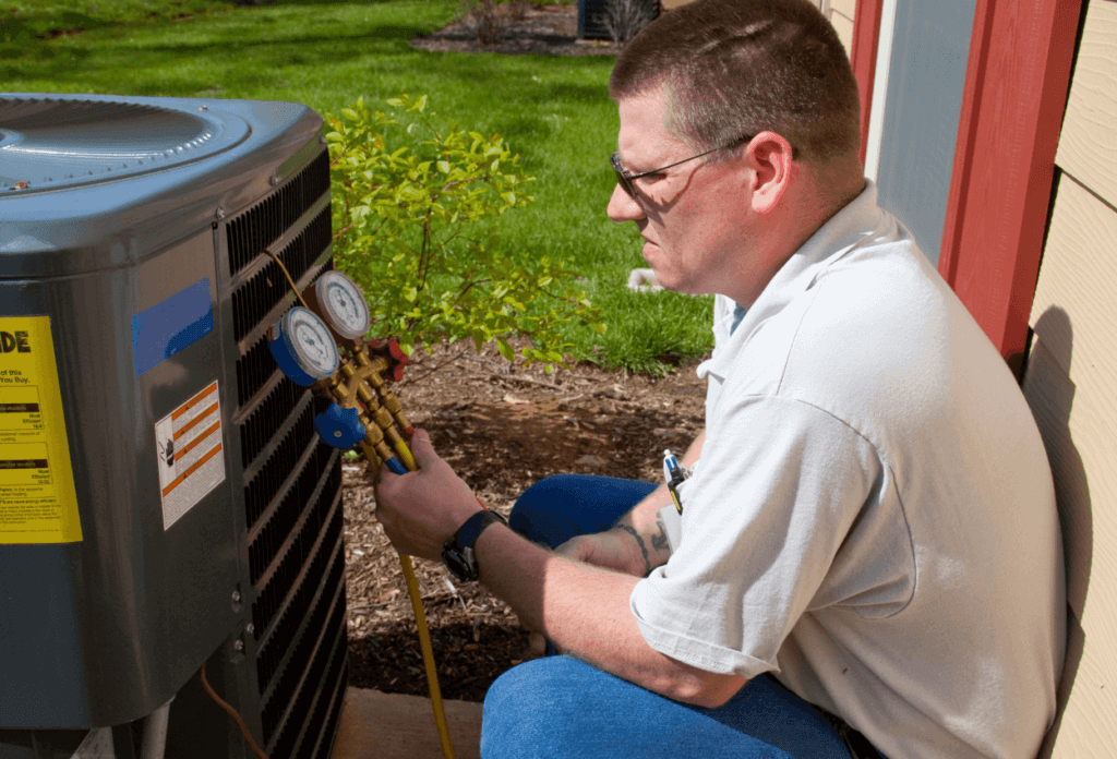A picture of an HVAC technician performing an A/C tune-up. 